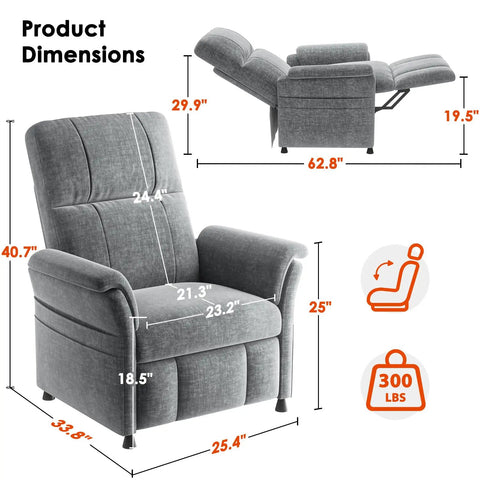 Power Recliner Chair For Adults With Remote Stepless 105 To 165 Degree Recline Chenille Upholstery dimensions diagram