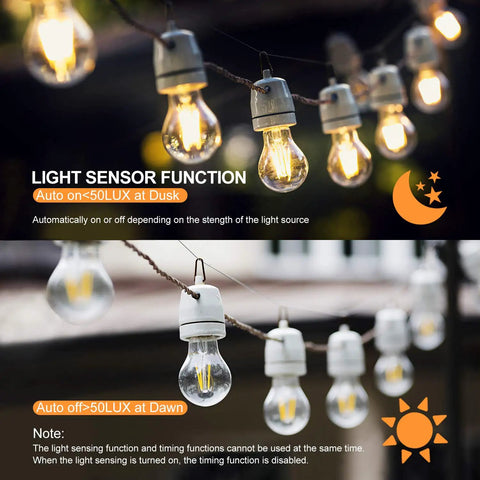 Outdoor String Light Dimmer Switch With 600W Capacity, showcasing dusk-to-dawn timer and light sensor function for LED lights.