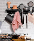 Wall Mounted Espresso Tamper Holder And Coffee Station Organizer With 54mm Portafilter Storage Rack in use, showing tools