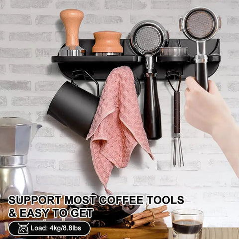 Wall Mounted Espresso Tamper Holder And Coffee Station Organizer With 54mm Portafilter Storage Rack in use, showing tools
