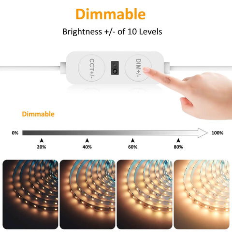 Hand Wave Activated 20ft Tunable White LED Strip Light With 672 LEDs Dimmable 3000K 6500K 24V brightness control panel with levels