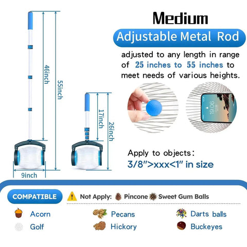 Nut Gatherer Picker Upper with adjustable metal rod sizing chart for acorns, pecans, buckeyes, hickory nuts. Medium size, 1 gallon.