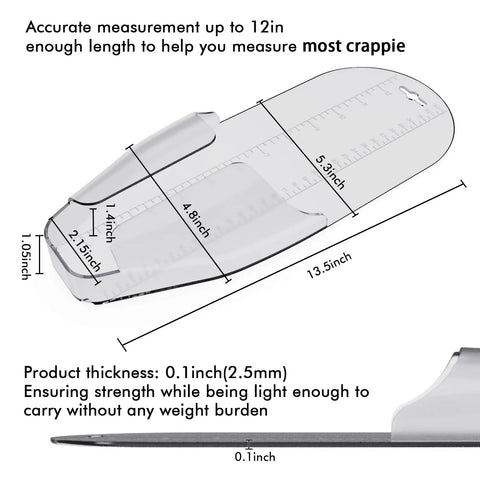 Crappie Measuring Tool Up To 12 Inches Fast Read Without Unhooking Durable Construction Easy To Clean Patent Pending Design Bass Friendly Length Gauge For Catch And Release Fishing, transparent 12.5-inch ruler
