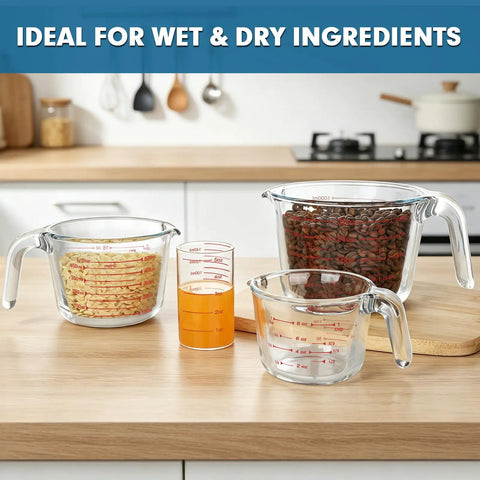 Must Have Glass Measuring Cups Set With Lids, 4 Piece Borosilicate Kitchen Measuring Cups In 5 Oz, 1 Cup, 2 Cup, And 4 Cup Sizes displayed