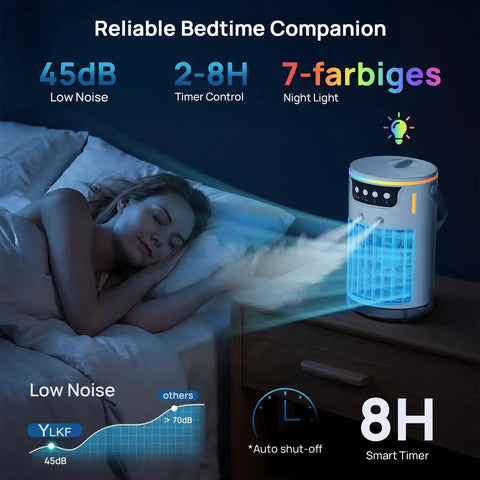 Personal Mini Air Cooler With Ice Water Cold Mist, 4 In 1 Evaporative AC on nightstand, emitting cool mist towards sleeping person