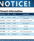 Fitment information table for Hyundai and Kia models, including Sonata, Tucson, Veloster N, Cadenza, Optima, Sportage.
