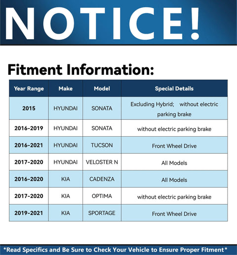 Fitment information table for Hyundai and Kia models, including Sonata, Tucson, Veloster N, Cadenza, Optima, Sportage.