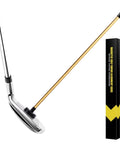 Two Pack Magnetic Golf Club Alignment Stick Training Aid With Magnet Lie Angle Tool For Visualizing Impact Demonstrating Correct Swing And Dialing In Your Aim Lightweight Aluminum Rod And 30Lb Base For Irons And Wedges next to packaging box