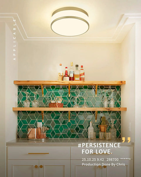 Gold Ceiling Light With Frosted Glass Flush Mount LED Hallway Fixture illuminating a kitchen with green hexagon tile backsplash.