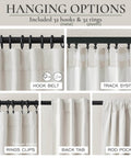 Total Blackout Curtains 96 Inches Long For Bedroom And Living Room Two Panel Set, showing hanging options with hooks, rings, and tabs.