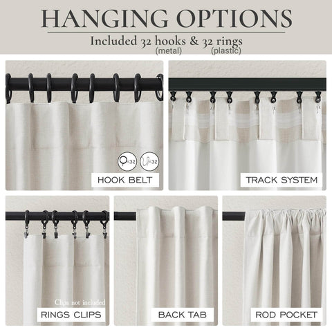 Total Blackout Curtains 96 Inches Long For Bedroom And Living Room Two Panel Set, showing hanging options with hooks, rings, and tabs.
