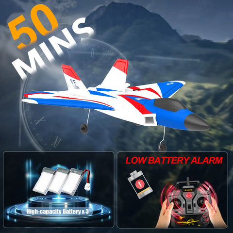 50-minute flight duration for 4 Channel F22 Raptor RC Plane RTF With LED Lights, 6 Axis Gyro, 3 Flight Modes display image