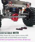 Beefy Aluminum Servo Horn 25T Steering Arm Upgrade for Standard Servos, visible on mounted RC crawler, 1/10 scale.