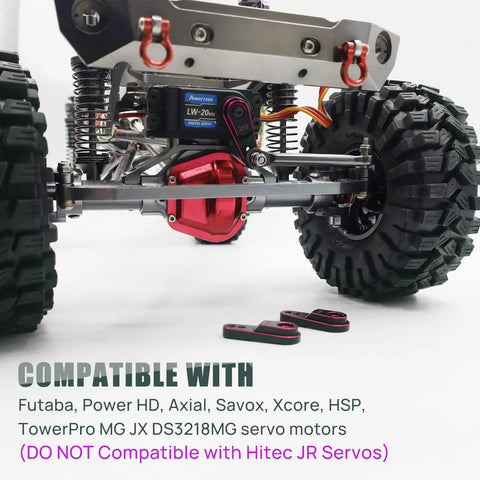 Beefy Aluminum Servo Horn 25T Steering Arm Upgrade for Standard Servos, visible on mounted RC crawler, 1/10 scale.