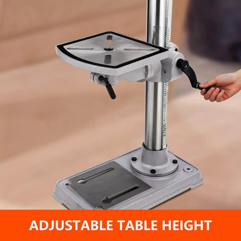 Heavy Duty 15 Inch Floor Drill Press With Rock Solid 7.5 Amp Pure Copper Motor And Slick Variable Speed Up To 3084 RPM adjustable table height close-up.