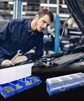 12 Pack Screw Organizer Boxes With Lids, Four-Compartment Dividers, Blue Toolbox Style Storage Case displayed in a workshop