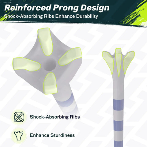 Close-up of blue plastic golf tee with reinforced four-prong head for Pro Grade Durable Plastic Golf Tees 120 Pack One And One Half Inch And Three And One Quarter Inch With Reinforced Four Prong Head Design Reducing Friction And Side Spin Perfect Gift For Golfers Blue