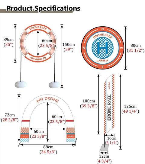 Obstacle Course Drone Gates Kit For RC FPV Racing Indoor Outdoor Race Ready Training Hoop Set Model Aircraft Practice Equipment Weatherproof PVC Aluminum Build Stable In Wind For Serious Flight Sessions product specifications with dimensions and components shown.