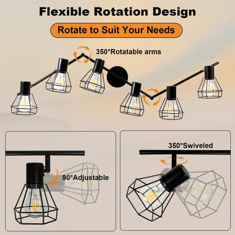 6 Light Track Lighting Fixture With Adjustable Heads In Black Wire Cage Dope Industrial Farmhouse Style Ceiling Mount Rotatable Design