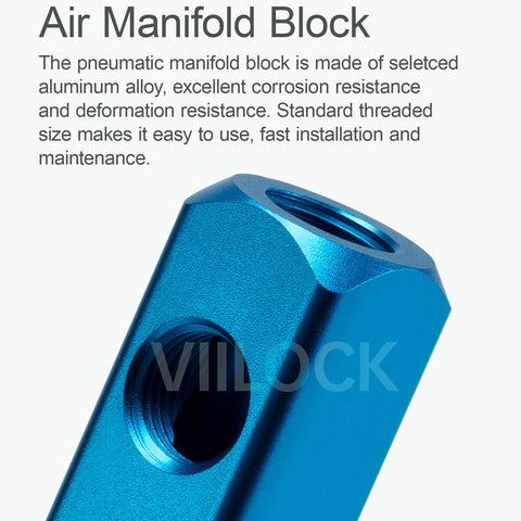 Close-up of Heavy Duty Aluminum Air Manifold Block Built Tough With Five Ports, Two Way Pneumatic Distribution Fitting For Air Compressors.