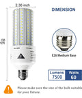 Two Pack 7500 Lumen LED Light Bulbs 5000K Daylight, 60W Equivalent, E26 E27 Medium Base shown with dimensions and details.