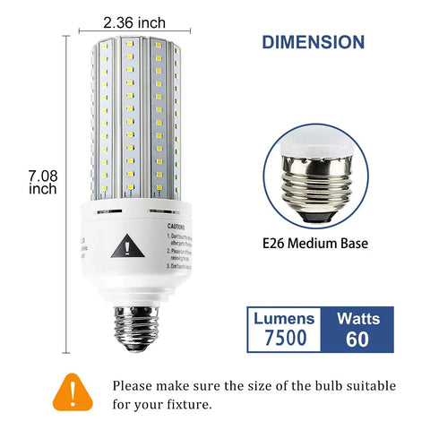 Two Pack 7500 Lumen LED Light Bulbs 5000K Daylight, 60W Equivalent, E26 E27 Medium Base shown with dimensions and details.