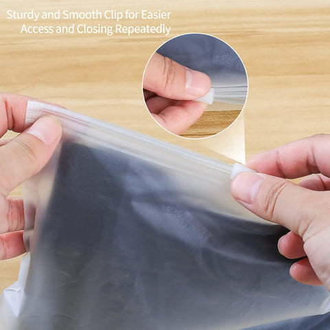 Frosted ziplock pouch from 20 Pcs Travel Storage Bags Set For Clothes Cosmetics Shoes Reusable Frosted Ziplock Pouches showcasing closure.