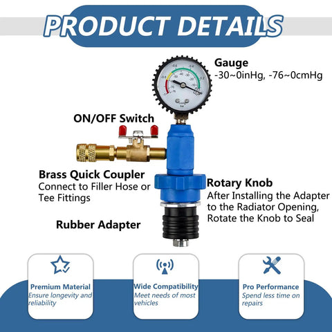 Coolant Vacuum Refill Kit with Universal 32mm Rubber Adapters Including 45mm 40mm 35mm Sleeves, brass quick coupler, gauge, and rotary knob.