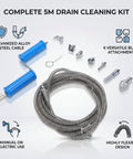 Complete 5m drain cleaning kit featuring galvanized alloy steel cable, six versatile blade attachments, and flexible design.