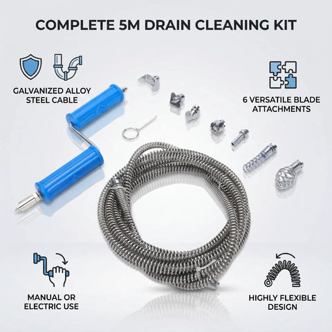 Complete 5m drain cleaning kit with galvanized alloy steel cable and 6 versatile blade attachments for plumbing repairs.