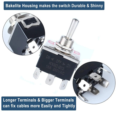 Heavy Duty Rocker Switch 0-250V 15A DPDT 6 Pins 3 Positions On Off On Latching With Waterproof Boot Cap Pre Wired Cables For Auto Car Truck Boat Marine black bakelite housing and terminals
