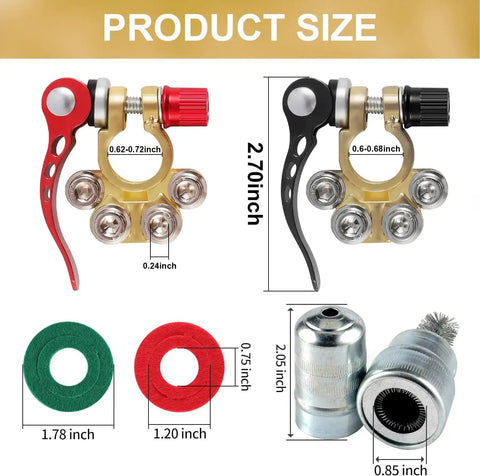 Size details of 4 Way Car Battery Terminal Connector with Quick Release Clip for Positive and Negative Poles, fits SAE JIS Type A posts.