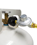 12Ft Big Buddy Propane Hose With Regulator For Indoor Outdoor Heaters attached to 20-pound tank with brass POL connection