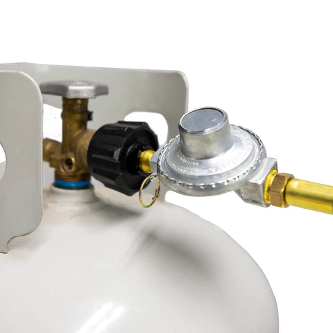 12Ft Big Buddy Propane Hose With Regulator For Indoor Outdoor Heaters attached to 20-pound tank with brass POL connection