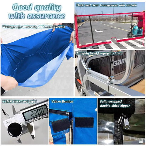 All Season Electric Cargo Trike Canopy With Full Enclosure Rain Curtain And Semi Enclosure For Summer, Heavy Duty Three Wheel Tricycle Tarpaulin Includes Thickened Frame, Eight Hose Clamps, Screwdriver And Wrench, Blue 59.1 By 39.4 Inches, blue rain curtain and steel pipe close-up
