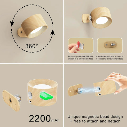 Super Sleek Magnetic Cordless Wall Sconces Set Of Two With Easy Touch Dimmers and Three Color Temps, showing 360° adjustable wooden design.
