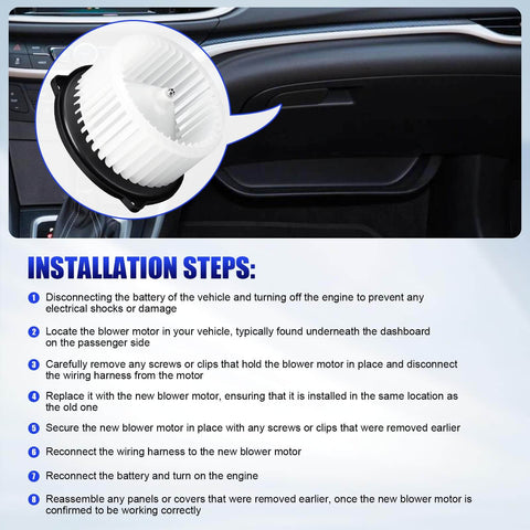 Installation instructions for Heavy Duty HVAC Blower Motor With Fan For Subaru Legacy Outback Lexus RX350 Toyota Sienna Cadillac CTS SRX STS 2006-2019 Models Replaces 700228 Quiet Smooth Air Flow Upgrade.