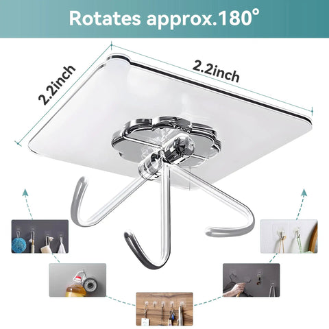 Heavy Duty Sticky Hooks No Drill Hassle, Clear Self Adhesive Wall Tacks For Kitchen Bathroom And Shower, Strong Waterproof Backing With Kickass Grip That Holds Your Heavy Gear Down Tight, 28 Pack Bundle, showing 180 degree rotatable hooks.