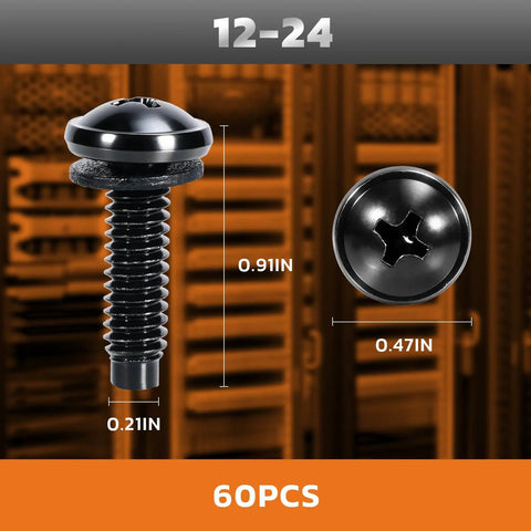 12 24 Rack Screws With Nylon Washers Server Rack Mounting Hardware, 0.91in tall, 0.47in wide, black screws for cabinet use, pack of 60.