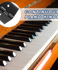 Hella Durable Black 24 X 2 Inch Stainless Steel Piano Hinge With Pre Drilled Holes For Heavy Gates Doors Wood Cabinets And Boat Projects Comes Dead Ready To Install With All Necessary Screws Included on a wooden piano.