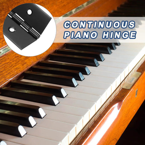 Hella Durable Black 24 X 2 Inch Stainless Steel Piano Hinge With Pre Drilled Holes For Heavy Gates Doors Wood Cabinets And Boat Projects Comes Dead Ready To Install With All Necessary Screws Included on a wooden piano.