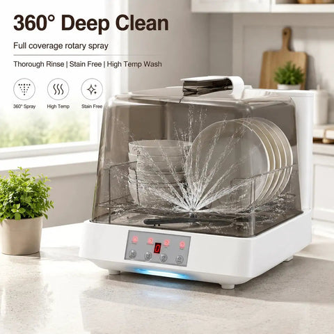 Portable Countertop Dishwasher Handles No Fuss Cleanup Like A Champ For Apartments And Dorms Featuring Six Quick Wash Cycles One Point Six Gallon Tank And Swivel Spray Arms Deliver Pristine Dishes Daily With Super Convenient Air Dry Option with 360° deep clean and rotary spray in action.