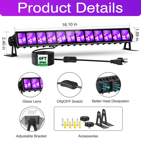 Four Pack 40W Blacklight Bar LED Flood Lights Waterproof IP66 With Plug Switch And 6ft Cord Components