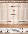 Kids Window Safety Guard, Adjustable 61.4 To 86.6 Inch Wide Interior Bar Gate with dimensions, hardware shown, 3 panels, white