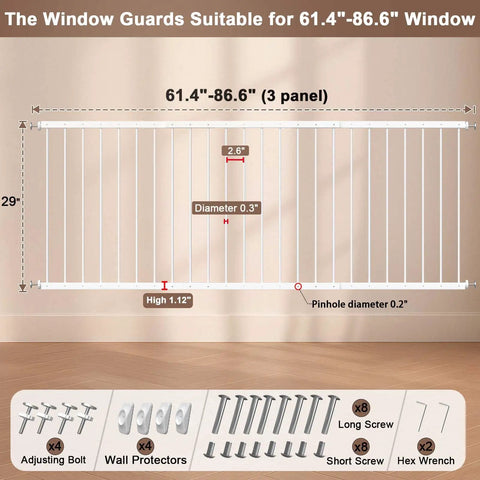 Kids Window Safety Guard, Adjustable 61.4 To 86.6 Inch Wide Interior Bar Gate with dimensions, hardware shown, 3 panels, white