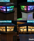 Solar Post Cap Lights Outdoor For 4x4 5x5 6x6 Wooden And Vinyl Posts, RGB Color Changing And Warm White, 2 Lighting Modes, shown on wooden, vinyl, composite, and metal posts at night.