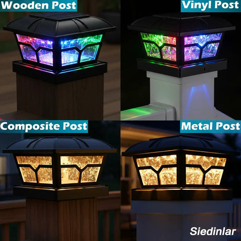 Solar Post Cap Lights Outdoor For 4x4 5x5 6x6 Wooden And Vinyl Posts, RGB Color Changing And Warm White, 2 Lighting Modes, shown on wooden, vinyl, composite, and metal posts at night.
