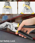 3 Inch Hand Seamer Sheet Metal Tool With Offset Handles Pro Grade Carbon Steel Straight Jaw shown in use with safety lock feature