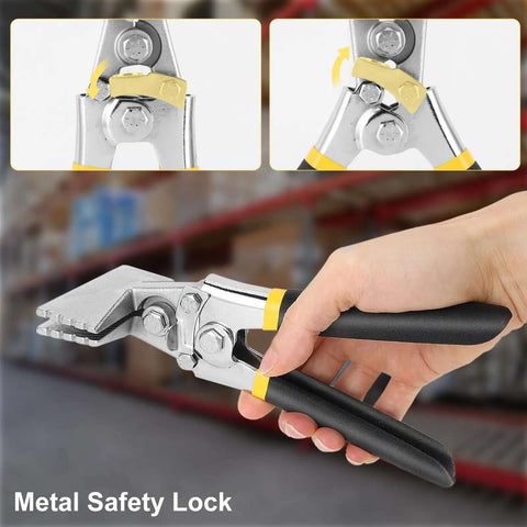 3 Inch Hand Seamer Sheet Metal Tool With Offset Handles Pro Grade Carbon Steel Straight Jaw shown in use with safety lock feature