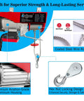 Heavy Duty 1760 Lbs Electric Hoist Winch With Dual Wired And Wireless Remote Controls Featuring Smart LED Status Light For Garage Warehouse Jobs Or Factory Lifts Offering 33 To 65 Feet Height Coverage showing premium aluminum housing and coated steel wire rope.